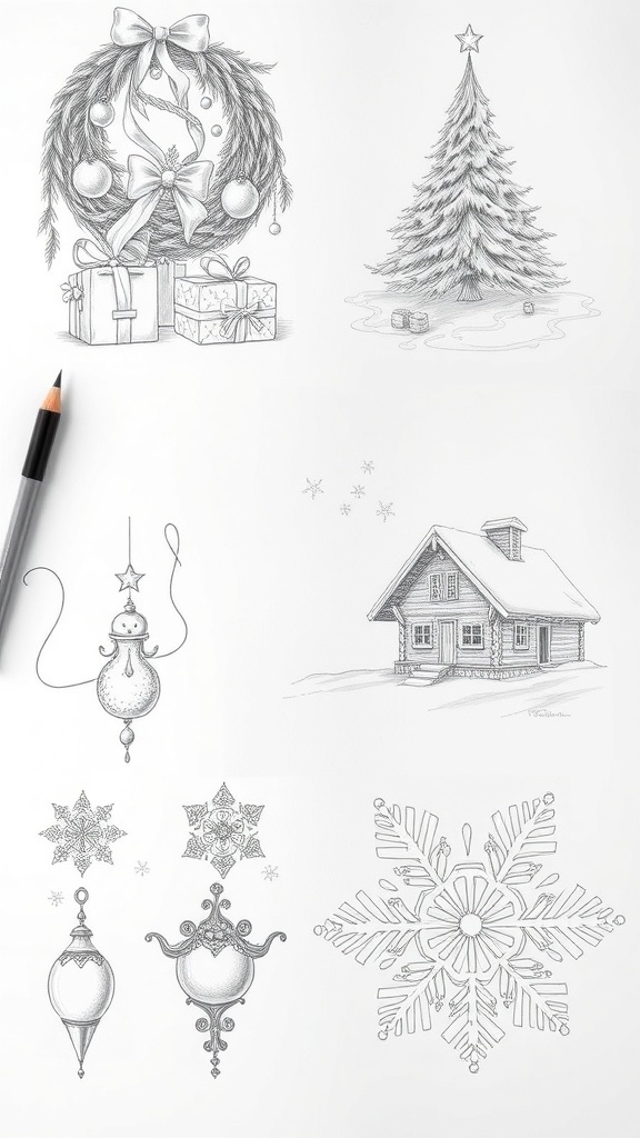 Pencil drawings of Christmas scenes including a tree, snowflakes, and a cabin.